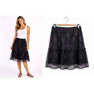 New DKNY Lace Over Lay Tiered Skirt Size 14 Black Shine Lined Silk $275